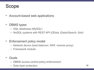 Scope
24
• Account-based web applications
• DBMS types
– SQL databases (MySQL)
– NoSQL systems with REST API (OData, Elast...