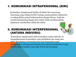 1. KOMUNIKASI INTRAPERSONAL (DIRI)
Komunikasi intrapersonal berlaku di dalam diri sesseorang.
Seseorang yang sedang berfik...