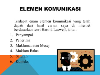 ELEMEN KOMUNIKASI
Terdapat enam elemen komunikasi yang telah
dapati dari hasil carian saya di internet
berdasarkan teori H...