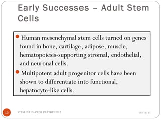 Early Successes – Adult Stem
Cells
08/31/13STEM CELLS -PROF PRATIWI 201213
Human mesenchymal stem cells turned on genes
found in bone, cartilage, adipose, muscle,
hematopoiesis-supporting stromal, endothelial,
and neuronal cells.
Multipotent adult progenitor cells have been
shown to differentiate into functional,
hepatocyte-like cells.
 