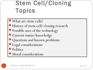 Stem Cell/Cloning
Topics
08/31/13STEM CELLS -PROF PRATIWI 20125
What are stem cells?
History of stem cell/cloning research
Possible uses of the technology
Current status/knowledge
Questions and known problems
Legal considerations
Politics
Moral considerations
 
