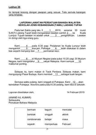 28
Latihan 28
Isi tempat kosong dengan jawapan yang sesuai. Tulis semula karangan
yang lengkap.
LAPORAN LAWATAN PERSATUAN BAHASA MALAYSIA
SEKOLAH JENIS KEBANGSAAN (TAMIL) LADANG TUPAH
Pada hari Sabtu yang lalu, 3 1 2010, seramai 30 murid
SJK(T) Ladang Tupah telah mengadakan lawatan sambil 2 ke Kuala
Lumpur. Tujuan lawatan ini adalah untuk 3 pengetahuan. Lawatan
ini diringi oleh tiga orang guru.
Kami 4 pada 8.30 pagi. Perjalanan ke Kuala Lumpur telah
mengambil 5 dua jam. Pelbagai 6 telah dilakukan di dalam
bas seperti menyanyi dan 7 permainan keci.
Kami 8 di Muzium Negara pada pukul 10.20 pagi. Di Muzium
Negara, kami mengetahui 9 rakyat Malaysia. Kami sempat 10
maklumat penting.
Selepas itu, kami makan di Tasik Perdana. Selepas makan, kami
mengunjungi Pasar Budaya. Kami membeli 11 sebagai buah tangan.
Semasa waktu pulang, kami singgah di Putrajaya. Kami 12 akan
keindahan Putrajaya. Kira-kira pada pukul 6.30 petang, kami tiba di sekolah.
Laporan disediakan oleh, 14 Februari 2010
(ANAND A/L KUMAR)
Setiausaha
Persatuan Bahasa Malaysia
bermain kagum mencatat
bertolak singgah aktiviti
cenderamata belajar masa
sejarah memperluas Februari
 