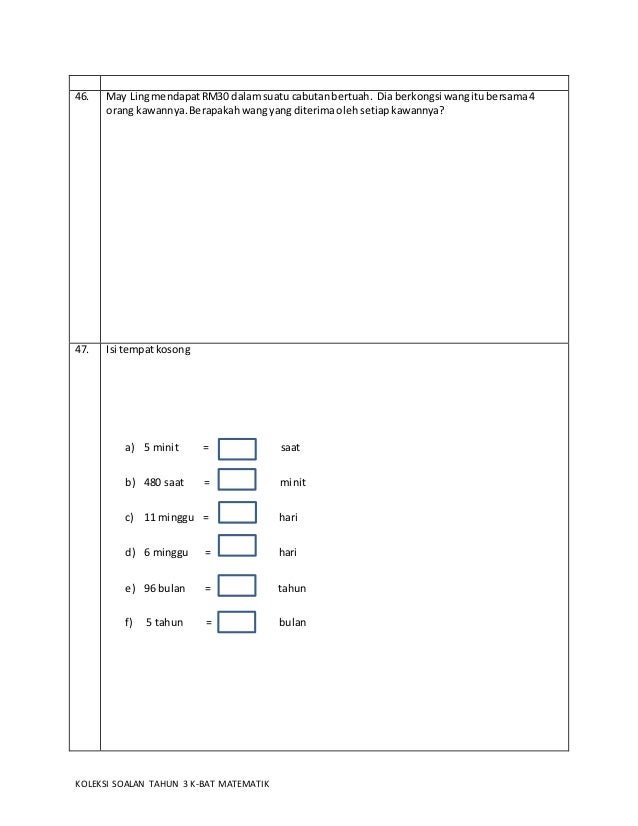 Koleksi soalan matematik tahun 3 kbat