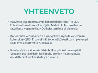 YHTEENVETO
• Kasvissyöjillä  on  matalampi  kokonaiskolesteroli-­‐  ja  LDL-­‐
kolesterolitaso  kuin  sekasyöjillä.  Matalin  kolesterolitaso  on  
tavallises:  vegaaneilla.  HDL-­‐kolesterolissa  ei  ole  eroja.  
• KohonnuEa  verenpaineEa  esiintyy  kasvissyöjillä  vähemmän  
kuin  sekasyöjillä.  Eroa  seliEää  todennäköises:  paitsi  pienempi  
BMI,  myös  elintavat  ja  ruokavalio.  
• Kasvissyöjät  ovat  keskimäärin  hoikempia  kuin  sekasyöjät.  
Vegaanit  ovat  kaikkein  hoikimpia,  etenkin  ne,  jotka  ovat  
noudaEaneet  ruokavaliota  yli  5  vuoEa.
26
 