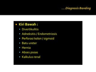   Kiri Bawah :
     Divertikulitis
     Adneksitis / Endometriosis
     Perforasi kolon / sigmoid
     Batu ureter
     Hernia
     Abses psoas
     Kalkulus renal
 
