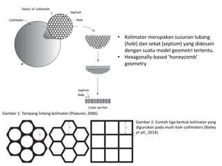 Gambar 1. Tampang lintang kolimator (Powsner, 2006)
• Kolimator merupakan susunan lubang
(hole) dan sekat (septum) yang didesain
dengan suatu model geometri tertentu.
• Hexagonally-based ‘honeycomb’
geometry
Gambar 2. Contoh tiga bentuk kolimator yang
digunakan pada multi-hole collimators (Bailey
et all., 2014)
 