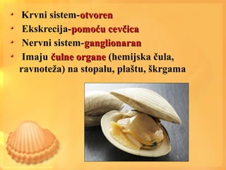 Krvni sistem-otvorenotvoren
Ekskrecija-pomoću cevčicapomoću cevčica
Nervni sistem-ganglionaranganglionaran
Imaju čulne organečulne organe (hemijska čula,
ravnoteža) na stopalu, plaštu, škrgama
 