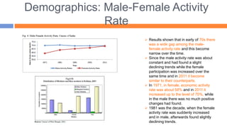 Demographics: Male-Female Activity
Rate
 Results shown that in early of 70s there
was a wide gap among the male-
female activity rate and this become
narrow over the time.
 Since the male activity rate was about
constant and had found a slight
declining trends while the female
participation was increased over the
same time and in 2011 it become
similar to their counterparts.
 In 1971, in female, economic activity
rate was about 58% and in 2011 it
increased up to the level of 70%, while
in the male there was no much positive
changes had found.
 1981 was the decade, when the female
activity rate was suddenly increased
and in male, afterwards found slightly
declining trends.
 
