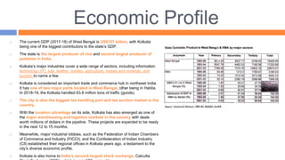 Economic Profile
 The current GDP (2017-18) of West Bengal is US$157 billion, with Kolkata
being one of the biggest contributors to the state’s GDP.
 The state is the largest producer of rice and second largest producer of
potatoes in India.
 Kolkata’s major industries cover a wide range of sectors, including information
technology (IT), jute, leather, textiles, agriculture, metals and minerals, and
tourism to name a few.
 Kolkata is considered an important trade and commerce hub in northeast India.
It has one of two major ports located in West Bengal, other being in Haldia.
In 2018-19, the Kolkata handled 63.8 million tons of traffic (goods).
 The city is also the biggest tea handling port and tea auction market in the
country.
 With the location advantage on its side, Kolkata has also emerged as one of
the major warehousing and logistics markets in the country with deals
worth millions of dollars in the pipeline. These projects are expected to be ready
in the next 12 to 15 months.
 Meanwhile, major industrial lobbies, such as the Federation of Indian Chambers
of Commerce and Industry (FICCI), and the Confederation of Indian Industry
(CII) established their regional offices in Kolkata years ago, a testament to the
city’s diverse economic profile.
 Kolkata is also home to India’s second largest stock exchange, Calcutta
 