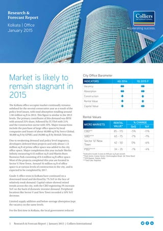 1 Research & Forecast Report | January 2015 | Colliers International
Market is likely to
remain stagnant in
2015
The Kolkata office occupier market continually remains
subdued for the second consecutive year as a result of the
policy level issues, with total absorption totalling around
1.66 million sq ft in 2014. This figure is similar to the 2013
levels. The primary contributor of this demand was BFSI
with around 25% share, followed by IT/ITeS with 21%
and the construction sector with 16%. Major transactions
include the purchase of large office spaces by local
companies and leases of about 40,000 sq ft by Serco Global,
30,000 sq ft by KPMG and 29,000 sq ft by British Telecom.
Due to weakening demand and policy level stagnancy,
developers deferred their projects and only about 1.14
million sq ft of prime office space was added to the city
office space. Major completions this year include Merlin
Infinity measuring 0.43 million sq ft and Martin Burn
Business Park consisting of 0.4 million sq ft office space.
Most of the projects completed this year are located in
Sector V/New Town. Around 16 million sq ft of office
space is at various levels of construction in the city, and is
expected to be completed by 2017.
Grade A office rents in Kolkata have continued on a
downward trend and declined by 7% YoY in the face of
relatively weak demand. Capital values showed mixed
trends across the city, with the CBD registering 3% increase
YoY on the back of domestic investor demand. Peripheral
locations like Sector V and New Town recorded a 16% YoY
decrease.
Limited supply addition and below-average absorption kept
the vacancy on the same levels.
For the first time in Kolkata, the local government reduced
City Office Barometer
Research &
Forecast Report
Kolkata | Office
January 2015
Rental Values
*Indicative Grade A rents in INR per sq ft per month
**Park Street, Camac Street, Chowranghee Road, AJC Bose Road
***EM Bypass, Topsia, Ruby
****Salt Lake, Rajarhat
MICRO MARKETS
RENTAL
VALUE*
% CHANGE
QoQ YoY
CBD** 85 - 115 -5% -11%
SBD*** 65 - 75 -7% -7%
Sector V/ New
Town
42 - 50 0% -6%
PBD**** 34 - 35 -1% -4%
INDICATORS 4Q 2014 1Q 2015 F
Vacancy
Absorption
Construction
Rental Value
Capital Value
 