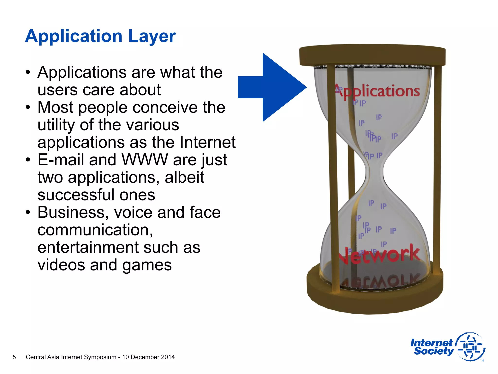 Central Asia Internet Symposium - 10 December 2014
Application Layer
• Applications are what the
users care about
• Most people conceive the
utility of the various
applications as the Internet
• E-mail and WWW are just
two applications, albeit
successful ones
• Business, voice and face
communication,
entertainment such as
videos and games
5
 
