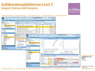 Teamkollaboration in Java-
Projekten
© Zühlke 2008
21.04.2008
Torben Knerr, Dr. Georg Molter
Folie 14
Kollaborationsplattformen Level 2
Beispiel: Polarion ALM Enterprise
 