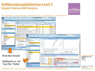 Teamkollaboration in Java-
Projekten
© Zühlke 2008
21.04.2008
Torben Knerr, Dr. Georg Molter
Folie 14
Kollaborationsplattformen Level 2
Beispiel: Polarion ALM Enterprise
Work Item Ansicht
Dashboard u.a. mit
"Live Plan“ Portlet
 