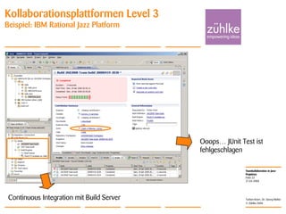 Teamkollaboration in Java-
Projekten
© Zühlke 2008
21.04.2008
Torben Knerr, Dr. Georg Molter
Folie 23
Kollaborationsplattformen Level 3
Beispiel: IBM Rational Jazz Platform
Ooops… JUnit Test ist
fehlgeschlagen
Continuous Integration mit Build Server
 