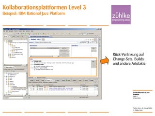 Teamkollaboration in Java-
Projekten
© Zühlke 2008
21.04.2008
Torben Knerr, Dr. Georg Molter
Folie 27
Kollaborationsplattformen Level 3
Beispiel: IBM Rational Jazz Platform
Rück-Verlinkung auf
Change-Sets, Builds
und andere Artefakte
 