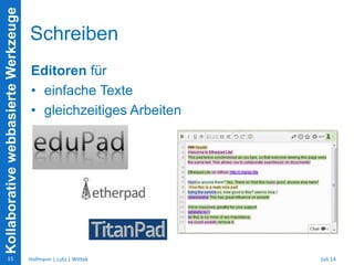 KollaborativewebbasierteWerkzeuge
Schreiben
Editoren für
• einfache Texte
• gleichzeitiges Arbeiten
Juli 14Hofmann | Lutz | Wittek15
 