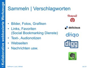 KollaborativewebbasierteWerkzeuge
Sammeln | Verschlagworten
• Bilder, Fotos, Grafiken
• Links, Favoriten
(Social Bookmarking Dienste)
• Text-, Audionotizen
• Webseiten
• Nachrichten usw.
Juli 14Hofmann | Lutz | Wittek18
 