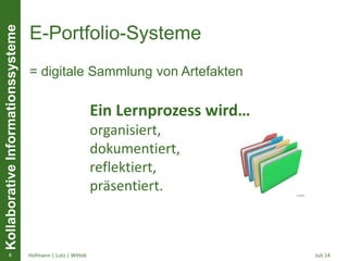 KollaborativeInformationssysteme
E-Portfolio-Systeme
= digitale Sammlung von Artefakten
Juli 14Hofmann | Lutz | Wittek6
Ein Lernprozess wird…
organisiert,
dokumentiert,
reflektiert,
präsentiert.
 