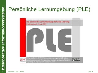 KollaborativeInformationssysteme
Persönliche Lernumgebung (PLE)
• Dr. Sandra Schön, SS 2011, Seminar
„Lernarrangements & Lebens- begleitendes
Lernen“, FH Hagenberg, Kontakt:
sandra.schaffert@fh-hagenberg.at,
http://sansch.wordpress.com
Juli 14Hofmann | Lutz | Wittek9
 