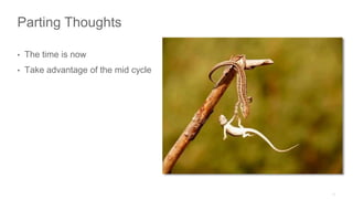 Parting Thoughts
• The time is now
• Take advantage of the mid cycle
 