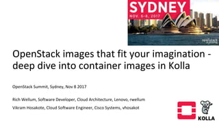 OpenStack images that fit your imagination -
deep dive into container images in Kolla
OpenStack Summit, Sydney, Nov 8 2017
Rich Wellum, Software Developer, Cloud Architecture, Lenovo, rwellum
Vikram Hosakote, Cloud Software Engineer, Cisco Systems, vhosakot
 