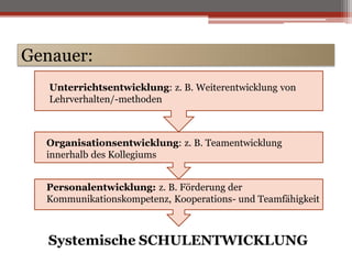 Genauer:
   Unterrichtsentwicklung: z. B. Weiterentwicklung von
   Lehrverhalten/-methoden



  Organisationsentwicklung: ...