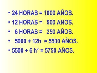 24 HORAS = 1000 AÑOS. 12 HORAS =  500 AÑOS. 6 HORAS =  250 AÑOS.   5000 + 12h  = 5500 AÑOS. 5500 + 6 h* = 5750 AÑOS.   