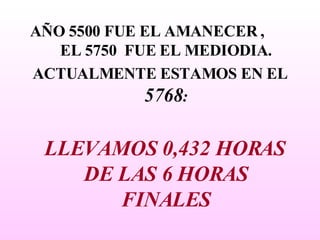 AÑO 5500 FUE EL AMANECER ,    EL 5750  FUE EL MEDIODIA. ACTUALMENTE ESTAMOS EN EL  5768 : LLEVAMOS 0,432 HORAS DE LAS 6 HORAS FINALES 