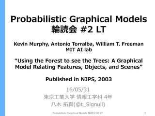 Probabilistic Graphical Models
輪読会 #2 LT
Kevin Murphy, Antonio Torralba, William T. Freeman
MIT AI lab
“Using the Forest to see the Trees: A Graphical
Model Relating Features, Objects, and Scenes”
Published in NIPS, 2003
16/05/31
東京工業大学 情報工学科 4年
八木 拓真(@t_Signull)
Probabilistic Graphical Models 輪読会 #2 LT 1
 