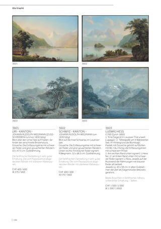 3601
URI - KANTON.-
JOHANN RUDOLPH WEGMANN (ZUGE-
SCHRIEBEN) (um/vor 1830 tätig).
Blick über den Urner See auf Flüelen, da-
hinter der verschneite Bristenstock.
Gouache. Die Einfassungslinie mit schwar-
zer Feder und grün gouachierten Rändern.
32 x 47,5 cm. Goldrahmung.
Die farbfrische Darstellung in sehr guter
Erhaltung. Die vom Passepartout abge-
deckten Ränder mit stärkeren Klebespu-
ren.
CHF 400 / 600
(€ 370 / 560)
3602
SCHWYZ - KANTON.-
JOHANN RUDOLPH WEGMANN (um
1830 tätig)
Blick auf die Insel Schwanau im Lauerzer-
see.
Gouache. Die Einfassungslinie mit schwar-
zer Feder und grün gouachierten Rändern.
Unten rechts mit brauner Feder signiert:
R.Wegmann. 32 x 48,5 cm. Goldrahmung.
Die farbfrischen Darstellung in sehr guter
Erhaltung. Die vom Passepartout abge-
deckten Ränder mit stärkeren Klebespu-
ren.
CHF 400 / 600
(€ 370 / 560)
3603
LUDWIG HESS
(1760 Zürich 1800)
1. 'Eine Gegend im Lauisser Thal unweit
Lugaggio'; 2. 'Tellskapelle am 4 Waldstetter
See, im Hintergrund die Blümlisalp'.
Pastell, mit Gouache gehöht auf Bütten
mit Wz. C&J Honig; die Einfassungslinien
mit schwarzem Pinsel.
1. Am rechten Rand unten signiert. L:Hess
fec.; 2. am linken Rand unten mit schwar-
zer Feder signiert: L.Hess. Jeweils auf der
Rückwand der Rahmungen mit brauner
Feder alt betitelt.
Jeweils ca. 43 x 58 cm. In alten Goldrah-
men der Zeit als Gegenstücke dekorativ
gerahmt.
Beide Ansichten in farbfrischer, nahezu
unberührter Erhaltung. - Selten.
CHF 1 500 / 2 000
(€ 1 390 / 1 850)
36033603
3601 3602
Alte Graphik
| 194
 