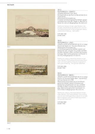 3611
ÖSTERREICH - GRATZ.-
JOHANN ZIEGLER (1749-1822)
Die Stadt Grätz an der Mur/ La Ville de Grätz for la
riviere de Mur.
Altkolorierte Umrissradierung.
Im breiten Schriftrand gestochen betitelt, signiert
und bezeichnet: Runk del.; Ziegler sc. Wien bei F.X.
Stöckl. 32 x 42,3 cm (Bogengrösse: 46 x 60,5 cm).
Farbfrische Vedute mit den vollen Rändern. Ver-
einzelte unbedeutende Stockfleckchen und mini-
me Gebrauchsspuren. In hervorragender, nahezu
unberührter Erhaltung. - Sehr selten.
CHF 500 / 700
(€ 460 / 650)
3612
ÖSTERREICH - LINZ.-
JOSEPH und PETER SCHAFFER (18./19. Jh. tätig).
Ansicht der Stadt Linz - Vue de la Ville de Lince.
Altkolorierte Umrissradierung.
Im Schriftrand gestochen betitelt, signiert und
bezeichnet: Gez. und gest. von Joseph und Peter
Schaffer. Zufinden in Wien und Mainz bey Arataria
Compag.. Oben rechts gestochen nummeriert: 4.
33 x 45 cm (Bogengrösse: 47 x 64 cm).
Farbfrische, nahezu unberührte Vedute mit den
vollen Rändern. Dort wenig knittrig einzelne Fleck-
chen und minim gebrauchsspurig. Insgesamt in
sehr guter Erhaltung. - Von grosser Seltenheit.
CHF 600 / 800
(€ 560 / 740)
3613
ÖSTERREICH - WIEN.-
JOSEPH und PETER SCHAFFER (18./19. Jh. tätig).
Ansicht von Nussdorf gegen Wien - Vue de Nuss-
dorf vers Vienne. Um 1790.
Altkolorierte Umrissradierung. Im Schriftrand
gestochen betitelt, signiert und bezeichnet:
Gezeichnet und gestochen von Jos. und Peter
Schaffer. Zu Wien und Mainz bey Arataria Com-
pag.. Oben rechts gestochen nummeriert: 11.
33,2 x 45,8 cm (Bogengrösse: 46,5 x 63 cm).
Farbfrische, nahezu unberührte Vedute mit den
vollen Rändern. Dort wenig fleckig, minim knittrig
und mit zwei hinterlegte kleine Läsuren im rechten
Rand. Insgesamt sehr guter Erhaltungszustand. -
Von grosser Seltenheit.
CHF 600 / 800
(€ 560 / 740)
3613
3611
3612
Alte Graphik
| 198
 