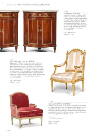 1146
PAAR ENCOIGNUREN
Louis XVI, Paris um 1770. Signiert J.F.
LELEU. Jean-François Leleu, Meister
1764. Mahagoni kanneliert. Viertelkreis-
förmiger Korpus auf gerader Zarge und
konischen Füssen. Front mit blinder
Schublade über Doppeltüre zwischen
kannelierten Eckstollen. Bronzebeschlä-
ge und -friese. Weisses Marmorblatt
(eines wohl später). 2 Schlüssel.
63 x 63 x 97 cm.
CHF 3 000 / 5 000
(€ 2 780 / 4 630)
1148*
GEFASSTE BREITE BERGÈRE
spätes Louis XVI, Paris, 19. Jh. Buche kanneliert und beschnitzt
mit Blättern, Rosetten und Zierfries sowie grau gefasst. Leicht
trapezförmiger Sitz auf gerader Zarge mit kannelierten Säu-
lenbeinen. Flache, jochförmig abschliessende Rückenlehne mit
gepolsterten Armlehnen auf geschweiften -stützen. Rosaroter
Veloursbezug. Sitzkissen. 74 x 75 x 97 cm.
Provenienz:
- Schweizer Privatbesitz.
CHF 1 000 / 1 500
(€ 930 / 1 390)
1147*
GROSSER FAUTEUIL „A LA REINE“
Spätes Louis XVI, Paris, 19. Jh. in der Art von J.B. Sene.
Jean Baptiste Claude Sené, Meister 1769. Buche kan-
neliert und ausserordentlich fein beschnitzt mit Blumen,
Blättern, Kartuschen, Perlstab und Zierfries sowie vergol-
det. Trapezförmiger Sitz auf gerader Zarge mit kannelier-
ten Säulenbeinen. Flache, bogenförmig ausgeschnittene
Rückenlehne mit ersetzten Eckzapfen und gepolsterten
Armlehnen auf geschweiften Stützen. Beiger Seidenbezug
mit Streifen und Blumen. Vergoldung teils bestossen.
62 x 65 x 73,3 cm.
CHF 3 000 / 5 000
(€ 2 780 / 4 630)
| 104
Decorative Arts | Möbel, Pendulen, Tapisserien, Skulpturen, Silber, Porzellan
 