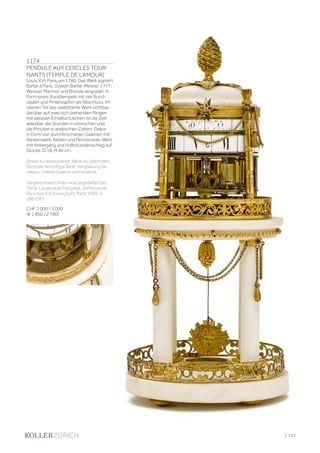 1174
PENDULE AUX CERCLES TOUR-
NANTS (TEMPLE DE L‘AMOUR)
Louis XVI, Paris um 1780. Das Werk signiert
Barbe à Paris. Joseph Barbe, Meister 1777.
Weisser Marmor und Bronze vergoldet. In
Form eines Rundtempels mit vier Rund-
säulen und Pinienzapfen als Abschluss. Im
oberen Teil das skelettierte Werk sichtbar,
darüber auf zwei sich drehenden Ringen
mit weissen Emailkartuschen ist die Zeit
ablesbar, die Stunden in römischen und
die Minuten in arabischen Zahlen. Dekor
in Form von durchbrochenen Galerien mit
Rankenwerk, Ketten und Perlzierstab. Werk
mit Ankergang und Halbstundenschlag auf
Glocke. D 18, H 40 cm.
Etwas zu restaurieren, Werk zu überholen.
Zentrale Amorfigur fehlt. Vergoldung be-
rieben. Untere Galerie wohl ersetzt.
Vergleichbare Uhren sind abgebildet bei:
Tardy. La pendule française. 2ème partie:
Du Louis XVI à nos jours. Paris 1969. S.
286/287.
CHF 2 000 / 3 000
(€ 1 850 / 2 780)
| 121
 