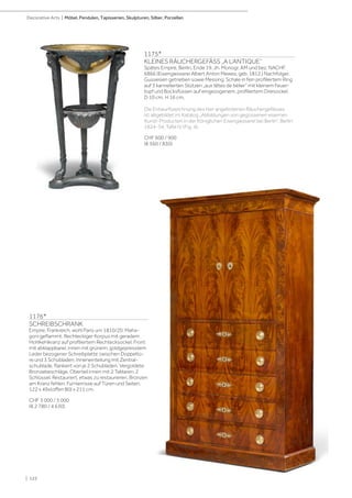1175*
KLEINES RÄUCHERGEFÄSS „A L‘ANTIQUE“
Spätes Empire, Berlin, Ende 19. Jh. Monogr. AM und bez. NACHF.
6866 (Eisengiesserei Albert Anton Mewes, geb. 1812,) Nachfolger.
Gusseisen getrieben sowie Messing. Schale in fein profiliertem Ring
auf 3 kannelierten Stützen „aux têtes de bélier“ mit kleinem Feuer-
topf und Bocksfüssen auf eingezogenem, profiliertem Dreisockel.
D 10 cm. H 16 cm.
Die Entwurfszeichnung des hier angebotenen Räuchergefässes
ist abgebildet im Katalog „Abbildungen von gegossenen eisernen
Kunst-Producten in der Königlichen Eisengiesserei bei Berlin“, Berlin
1824-34; Tafel IV (Fig. 4).
CHF 600 / 900
(€ 560 / 830)
1176*
SCHREIBSCHRANK
Empire, Frankreich, wohl Paris um 1810/20. Maha-
goni geflammt. Rechteckiger Korpus mit geradem
Hohlkehlkranz auf profiliertem Rechtecksockel. Front
mit abklappbarer, innen mit grünem, goldgepresstem
Leder bezogener Schreibplatte zwischen Doppeltü-
re und 3 Schubladen. Inneneinteilung mit Zentral-
schublade, flankiert von je 2 Schubladen. Vergoldete
Bronzebeschläge. Oberteil innen mit 2 Tablaren. 2
Schlüssel. Restauriert, etwas zu restaurieren. Bronzen
am Kranz fehlen. Furnierrisse auf Türen und Seiten.
122 x 49x(offen 80) x 211 cm.
CHF 3 000 / 5 000
(€ 2 780 / 4 630)
| 122
Decorative Arts | Möbel, Pendulen, Tapisserien, Skulpturen, Silber, Porzellan
 