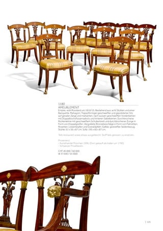 1180
AMEUBLEMENT
Empire, wohl Russland um 1810/15. Bestehend aus: acht Stühlen und einer
Banquette. Mahagoni. Trapezförmiger geschweifter und gepolsterter Sitz
auf gerader Zarge und markanten, nach aussen geschweiften Vorderbeinen
mit Doppelbocksfüssensabots und hinteren Säbelbeinen. Durchbrochene
Rückenlehne mit geschweiftem Schulterbrett und durchbrochener Zunge in
Form von Doppelgreifen. Vergoldete Bronzebeschläge in Form von Palmetten,
Rosetten, Löwenköpfen und Granatäpfeln. Gelber, gestreifter Seidenbezug.
Stühle: 61 x 56 x 87 cm; Sofa: 195 x 60 x 87 cm.
Teils restauriert sowie etwas ausgebleicht. Stoff teils gerissen, zu ersetzen.
Provenienz:
- Kunsthandel München 1996. (Dort gekauft als Italien um 1790).
- Schweizer Privatbesitz.
CHF 40 000 / 60 000
(€ 37 040 / 55 560)
| 125
 
