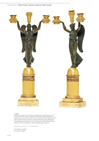1181*
PAAR FIGÜRLICHE DREIFLAMMIGE GIRANDOLEN,
Empire, Paris um 1815. In der Art von Claude-François Rabiat (1756-
1815). Bronze braun patiniert sowie teilvergoldet. Die geflügelten
Frauenfiguren auf zylindrischem Postament und Rechtecksockel.
Tüllen in Form von Blumen- und Früchtekörben. H 55 cm.
Vergoldung berieben. 1 Tropfteller fehlt.
CHF 8 000 / 14 000
(€ 7 410 / 12 960)
| 126
Decorative Arts | Möbel, Pendulen, Tapisserien, Skulpturen, Silber, Porzellan
 