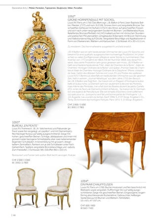 1092*
GRÜNE HORNPENDULE MIT SOCKEL
Louis XV, Paris um 1750. Das Werk sign. J.B. Baillon à Paris (Jean Baptiste Bail-
lon, Meister 1727) und num. N 2106. Grünes Horn und vergoldete Bronze. Ge-
schweiftes Gehäuse mit Aufsatz in Form des Amor, auf geschweiften Füssen
und sich nach unten verjüngendem Sockel mit Blumen- und Blätterabschluss.
Reliefiertes Bronzezifferblatt mit 24 Emailkartuschen mit römischen Stunden-
und arabischen Minutenzahlen. Umgebautes Ankerwerk mit Brocot-Hemmung
und Halbstundenschlag auf Glocke. Vergoldete Beschläge und Applikationen in
Form von Maskaronen, Blättern und Kartuschen. 1 Schlüssel. 43 x 20 x 111 cm.
Zu revidieren. Die Hornmarketerie ausgebleicht und teils ersetzt.
J.B. III Baillon war ein sehr bedeutender Uhrmacher der Louis-XV-Epoche und
bekannt für eine qualitativ ausgesprochen hochwertige Produktion. Im Unter-
schied zu vielen Zunftgenossen pflegte er seine Stücke zu nummerieren. Das
Inventar von 1772 erwähnt ein Werk mit der Nummer 3808, was darauf hin-
weist, dass seine Produktion sehr gross gewesen sein muss. J.B. III Baillon er-
hielt verschiedene bedeutende Titel: „Valet de Chambre de la Reine“, „Valet de
Chambre-Horloger Ordinaire de la Reine“ und später „Premier Valet de Cham-
bre et Valet de Chambre-Horloger Ordinaire de la Dauphine“ (Marie-Josephe
de Saxe, Gattin des ältesten Sohnes von Louis XV und Mutter des späteren
Louis XVI). F. Berthoud, ebenfalls ein bedeutender Uhrmacher aus der gleichen
Zeit, hielt in seinem „Journal Hélvétique“ aus dem Jahre 1753 den Besuch
bei J.B. III Baillon wie folgt fest: „Sa maison est un Magasin d‘Horlogerie la plus
belle et la plus riche. Le Diamant sert non seulement à décorer les Montres,
mais même des Pendules; il en a fait dont les Boetes étoient de petits Cartels
d‘Or, ornés de fleurs de Diamants imitant la Nature... Sa maison de St. Germain
est une espèce de Manufacture. Elle est remplie d‘Ouvriers continuellement
occupés pour lui... puisque lui seul fait une bonne partie de l‘Horlogerie.“ Lit.:
J.D. Augarde, Les ouvriers du temps, Genf 1996; S. 272f. (biogr. Angaben). H.L.
Tardy, Dictionnaire des horlogers français, Paris 1972; S. 21 (biogr. Angaben).
CHF 2 000 / 3 000
(€ 1 850 / 2 780)
1093*
BUREAU „EN PENTE“
Louis XV, Frankreich, 18. Jh. Veilchenholz und Palisander ge-
friest sowie fein eingelegt „en papillon“ und mit Diamantspitz.
Rechteckiger Korpus auf wellig ausgeschnittener Zarge mit
hohen, geschweiften Beinen. Schräge, abklappbare und innen mit
grünem Leder bezogene Schreibplatte über zwei nebeneinander
liegenden Schubladen. Inneneinteilung mit grossem, dreige-
teiltem Zentralfach, flankiert von je drei Schubladen unter Fach.
Geheimfach. Spätere vergoldete Bronzebeschläge und -sabots.
Zum Freistellen. 3 Schlüssel. 98 x 50(offen 86) x 102 cm.
Restauriert und Furnier teils später. Blatt leicht verzogen, Kratzer.
CHF 2 000 / 3 000
(€ 1 850 / 2 780)
1094*
EIN PAAR CHAUFFEUSEN
Louis XV, Paris um 1760. Buche mouluriert und fein beschnitzt mit
Blattwerk sowie vergoldet. Hufförmiger Sitz auf wellig ausge-
schnittener Zarge mit geschweiften Beinen. Eingezogene, bogen-
förmig abschliessende Rückenlehne. Gebrauchter, hellbeiger
Seidenbezug mit Blumen und Blättern. Fehlstellen.
53 x 43 x 47 x 87 cm.
CHF 600 / 800
(€ 560 / 740)
| 66
Decorative Arts | Möbel, Pendulen, Tapisserien, Skulpturen, Silber, Porzellan
 