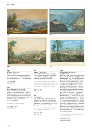 3601
ZÜRICH - KANTON.-
Anonym, um 1820.
Blick auf Regensberg mit Schloss Regensberg,
im Vordergrund eine rastende Gesellschaft.
Aquarell, weiss gehöht. 22,5 x 36 cm. Gerahmt.
CHF 600 / 800
EUR 560 / 740
3602
BLEULER, JOHANN LUDWIG
(1792 Feuerthalen -1850 Laufen-Uhwiesen)
Première source du Rhin postérier. Gouache.
Die Einfassungslinie mit schwarzem Pinsel und
grau gouachierten Rändern. Mit schwarzer Fe-
der unterhalb der Darstellung mittig betitelt und
signiert: Louis Bleuler à Schaffhouse.
37 x 52 cm. Gerahmt.
In farbfrischer, schöner Erhaltung.
CHF 1 000 / 1 200
EUR 930 / 1 110
3603
WAADT - KANTON.-
Alexandre Faizan (1791-1871), zugeschrieben.
Vue de Lausanne. Aquarellierte Umrissradie-
rung, 46 x 67 cm. Die Einfassungslinie mit
schwarzem Pinsel. Echtgoldrahmung.
Die obere Bildhälfte stellenweise stärker ge-
bräunt, restaurierter Einriss oben links, der bis in
die Darstellung reicht. Einzelne Fleckchen und
wenige dezente Gebrauchsspuren. - Selten.
CHF 500 / 700
EUR 460 / 650
3604
ST. GALLEN.-
Iselin nach Schmied. Ansicht der Stadt St.
Gallen und der Umgebung. Von Mitternacht
(Nordwest). Standpunkt auf dem Rosenberge.
Altkolorierte Aquatintaradierung, 31,5 x 48 cm
(Bogengrösse: 46 x 65 cm). Gerahmt.
Mit leichter vertikaler Mittelfalte. Die Ränder
mit etwas fleckig und gebräunt.
CHF 400 / 600
EUR 370 / 560
3605
KÖNIG, FRANZ-NIKLAUS
(1765 Bern 1832)
Folge von 12 Blatt Schweizer Trachten aus dem
"Grosser Trachtenkönig", um 1802. Dabei: 1.
Kanton Luzern. Peter Vogel und seine Tochter
aus dem Entlibuch 2. Canton Bern 3. Canton
Bern. Joh: Gebhardt und Cath: seine Tochter
von Koniz 4. Canton Unterwalden. Bendicht
und Maria Käsli, von Berenried 5. Canton
Solothurn. Joh: Jos: Gumelkinger,- Anna und
Maria Hagmann, von Drendingen 6. Canton
Freÿburg. Chr: Heuman und seine Schwester
von Rechthalden 7. Canton Bern. Jacob und
Elis: Kÿbolz aus dem Ärgäu 8. Canton Bern.
Bend: Jensser von Jegistorf und Elis: Senn.
Kammermädchen 9. Canton Clarus. Jh: Keitz
der grosse Gemshäger, von Glarus 10. Canton
Bern. N: Gutknecht und sein Kind, v. Kerzenz
11. Canton Schafhausen. Hans Georg Bauman
und Barbara Schab von Hallau 12. Canton Zug.
Peter Meÿer und seine Schwester, von Buonass.
Altaquarellierte Weichgrund - Radierungen.
Jeweils im unteren Blattrand gestochen betitelt.
Jeweils 21,1 x 22 cm. Alle Blätter in Echtgol-
drahmungen. Jeweils 27,1 x 22 cm. Alle Blätter
in Echtgoldrahmungen.
Alle Blätter mit Rand und in farbfrischer und
sehr schöner Erhaltung.
CHF 3 000 / 4 000
EUR 2 780 / 3 700
3602
3603 3604
3601
Alte Graphik
| 184
 