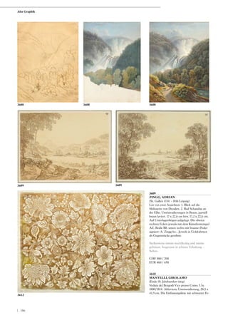 3609
ZINGG, ADRIAN
(St. Gallen 1734 - 1816 Leipzig)
Lot von zwei Ansichten: 1. Blick auf die
Shilouette von Dresden. 2. Bad Schandau an
der Elbe. Umrissradierungen in Braun, partiell
braun laviert. 17 x 22,6 cm bzw. 17,2 x 22,6 cm.
Auf Unterlagenbögen aufgelegt. Die oberen
rechten Ecken jeweils mit dem Künstlerstempel
AZ. Beide Bll. unten rechts mit brauner Feder
signiert: A. Zingg fec.. Jeweils in Goldrahmen
als Gegenstücke gerahmt.
Stellenweise minim stockfleckig und minim
gebräunt. Insgesamt in schöner Erhaltung. -
Selten.
CHF 500 / 700
EUR 460 / 650
3610
MANTELLI, GIROLAMO
(Ende 18. Jahrhundert tätig)
Veduta del Borgodi Vico presso Como. Um
1800/1814. Altlavierte Umrissradierung, 28,5 x
41,9 cm. Die Einfassungslinie mit schwarzer Fe-
3608
3609 3609
3608 3608
3612
Alte Graphik
| 186
 