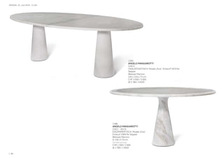 DESIGN ∙ 25. Juni 2016 ∙ 11 Uhr
| 80
1286
ANGELO MANGIAROTTI
(1921 - 2012)
ESSZIMMERTISCH, Modell „Eros“,
Entwurf 1969 für Skipper
Weisses Marmor.
D 139, H 74 cm.
Sondergrösse.
CHF 1 500 / 2 000
(€ 1 390 / 1 850)
1285
ANGELO MANGIAROTTI
(1921)
OVALER ESSTISCH, Modell „Eros“, Entwurf 1970 für
Skipper
Weisser Marmor.
245 x 105 x 73 cm.
CHF 3 000 / 5 000
(€ 2 780 / 4 630)
 