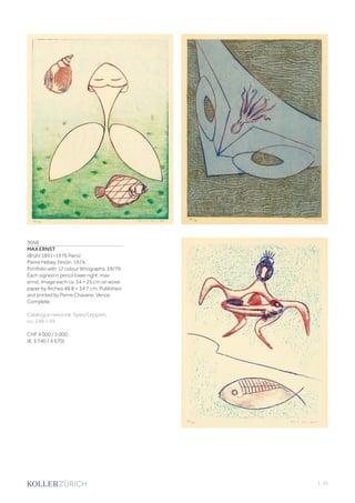 | 35
3668
MAX ERNST
(Brühl 1891–1976 Paris)
Pierre Hebey. Festin. 1974.
Portfolio with 12 colour lithographs. 59/79.
Each signed in pencil lower right: max
ernst. Image each ca. 34 × 25 cm on wove
paper by Arches 48.8 × 34.7 cm. Published
and printed by Pierre Chavane, Vence.
Complete.
Catalogue raisonné: Spies/Leppien,
no. 249, I-XII.
CHF 4 000 / 5 000
(€ 3 740 / 4 670)
 
