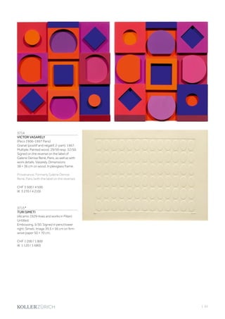 | 63
3715*
TURI SIMETI
(Alcamo 1929–lives and works in Milan)
Untitled.
Embossing. 5/30. Signed in pencil lower
right: Simeti. Image 39.5 × 56 cm on firm
wove paper 50 × 70 cm.
CHF 1 200 / 1 800
(€ 1 120 / 1 680)
3714
VICTOR VASARELY
(Pecs 1906–1997 Paris)
Granat (positif and négatif, 2-part). 1967.
Multiple. Painted wood. 29/50 resp. 32/50.
Signed on the reverse on the label of
Galerie Denise René, Paris, as well as with
work details: Vasarely. Dimensions
38 × 36 cm on wood. In plexiglass frame.
Provenance: Formerly Galerie Denise
René, Paris (with the label on the reverse).
CHF 3 500 / 4 500
(€ 3 270 / 4 210)
 