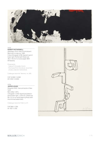 | 71
3733
ROBERT MOTHERWELL
(Aberdeen 1915–1991 Provincetown)
Black with no way out. 1983.
Colour lithograph. 6/98. Signed in pencil
lower right: Motherwell. Sheet size
38.2 × 95.9 cm on wove paper. With
blindstamp.
Provenance:
- Galerie M. Knoedler, Zurich.
- Purchased from the above, since then
private collection Switzerland.
Catalogue raisonné: Terenzio, no. 285.
CHF 10 000 / 15 000
(€ 9 350 / 14 020)
3734
JASPER JOHNS
(Augusta 1930 – lives and works in New
York)
Bent „Blue“. 1971.
Lithograph. 1/240. Signed and dated in
pencil lower right: J Johns 91. Sheet size
66 × 51 cm on wove paper by Rives (with
the trimmed watermark).
Catalogue raisonné: Field, no. 97.
CHF 800 / 1 200
(€ 750 / 1 120)
 