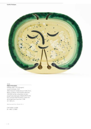 | 30
Grafik  Multiples
3658
PABLO PICASSO
(Málaga 1881–1973 Mougins)
Joueur de diaule. 1947.
Teller. Keramik mit Bemalung in Gelb, Grün,
Weiss und Braun. Mit Engoben dekoriert.
159/200. Auf der Unterseite mit dem
eingeritzten Stempeln: MADOURA PLEIN
FEU und EDITION PICASSO, zudem mit
der eingeritzten Nummer: I.108.
32 × 38,5 cm.
Werkverzeichnis: Ramié, Nr. 1.
CHF 8 000 / 14 000
(€ 7 480 / 13 080)
 