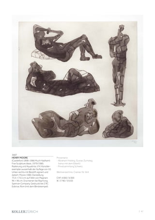 | 47
3687
HENRY MOORE
(Castleford 1898–1986 Much Hadham)
Five Sculpture Ideas. 1979/1980.
Radierung und Aquatinta. I/VI, Künstler-
exemplar ausserhalb der Auflage von 10.
Unten rechts mit Bleistift signiert und
datiert: Moore 1980. Darstellung
73,5 × 73,5 cm auf Vélin von Magnani
96 × 96 cm. Erschienen bei Raymong
Spencer Company. Gedruckt bei 2 RC
Editrice, Rom (mit dem Blindstempel).
Provenienz:
- Abraham Holding, Gustav Zumsteg
(verso mit dem Etikett).
- Privatsammlung Schweiz.
Werkverzeichnis: Cramer, Nr. 564.
CHF 4 000 / 6 000
(€ 3 740 / 5 610)
 