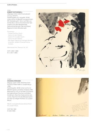 | 72
Grafik  Multiples
3735
ROBERT MOTHERWELL
(Aberdeen 1915–1991 Provincetown)
Le Coq. 1974/75.
Farblithografie und -serigrafie. 30/40.
Unten rechts mit Bleistift monogrammiert:
RM. Darstellung 62 × 48 cm auf Vélin von
Arches 96,5 × 64 cm. Erschienen bei Tyler
Graphics (mit dem Blindstempel).
Gedruckt bei Kenneth Tyler and Robert
Bigelow (mit dem Blindstempel).
Provenienz:
- Turske Fine Arts, Zürich
(verso mit dem Etikett).
- Galerie M. Knoedler, Zürich
(verso mit dem Etikett).
- Bei obiger Galerie vom heutigen Besitzer
erworben, seitdem Privatsammlung
Schweiz.
Werkverzeichnis: Terenzio, Nr. 141.
CHF 1 200 / 1 800
(€ 1 120 / 1 680)
3736*
SHUSAKU ARAKAWA
(Nagoya, Japan 1936-2010 New York)
Portrait of Helen Keller or Joseph Beuys.
1986.
Farblithografie. 46/90. Unten rechts mit
Bleistift signiert und datiert: Arakawa 1986.
Blattmass 61 × 81 cm auf Vélin. Erschienen
bei Galerie Klüser, München und Edition
Schellmann, New York. Gedruckt bei Julio
Juristo, New York (mit den Blindstempeln)
Aus dem 30-teiligen Portfolio „Für Joseph
Beuys“.
Wesite: www.galerieklueser.de/portfolio/
for-joseph-beuys.
CHF 700 / 900
(€ 650 / 840)
 