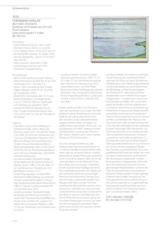 3035
FERDINAND HODLER
(Bern 1853–1918 Genf)
Genfersee von Chexbres aus. Um 1911.
Öl auf Leinwand.
Unten rechts signiert: F. Hodler.
68 × 90,5 cm.
Provenienz:
- Galerie Neupert, Zürich, 26.11.1926.
- Hermann Franck, Zürich, 2.12.1926.
- G.  L. Bollag, Zürich, 23.10.1931, Los 76.
- Arnold Mettler-Specker, St. Gallen, 1931.
- Kunst  Spiegel AG., Zürich, 27.10.1932,
Abb. Taf. 19.
- Hans Leemann, Arlesheim, 1944.
- Sammlung Karl Steiner, seit 1972.
- Schweizer Privatsammlung.
Ausstellungen:
- Berlin 1928, Ferdinand Hodler, Galerie
Alfred Flechtheim, 6.1928, Nr. 40, als Der
Genfersee, 1911, mit Abb. S. 5.
- Zürich 1928, Ausstellung Ferd. Hodler,
Galerie Neupert 1928, Nr. 47, 10.1928,
als Genfersee, 1914.
- Basel 1943, Kunstwerke des 19. Jh. aus
Basler Privatbesitz, Kunsthalle Basel,
1.5.–4.7.1943, Nr. 369, als Genfersee
von Chexbres aus gesehen, 1905.
- Lausanne 1944, Les peintres du Lé-
man, Musée cantonal des beaux-arts,
17.6.–24.9.1944, Nr. 185, als Paysage du
lac Léman.
Literatur:
- Carl Albert Loosli: Generalkatalog in:
Ferdinand Hodler. Leben, Werk und
Nachlass, Suter 1921–24, (GK Nachtrag),
2.12.1926, Nr. 2374, als Genfersee von
Caux aus mit bewölktem Himmel, 1912.
- Werner Y. Müller: Die Kunst Ferdinand
Hodlers. Gesamtdarstellung. Band 2.
Reife und Spätwerke 1895–1918, Zürich
1941, Nr. 518, als Der Genfersee (Bucht
von Cully) von Chexbres aus, 1914 (Müh-
lesteinsche Fassung).
- Jura Brüschweiler: Ferdinand Hodler,
einige Werke aus der Sammlung Karl G.
Steiner, Zürich, 1981, S. 76–96, Abb. 13,
als Genfersee von Chexbres aus mit
bewölktem Himmel, 1911.
- Guido Magnaguagno: Landschaften.
Ferdinand Hodlers Beitrag zur symbolis-
tischen Landschaftsmalerei, in: Ausst.-
Kat. Ferdinand Hodler, Berlin/Paris/Zürich
1983, S. 318, als Genferseelandschaft
von Chexbres aus, 1911.
- Jura Brüschweiler: Ferdinand Hodler
als Schüler von Ferdinand Sommer in:
Ausst.-Kat. Kunstsammlung Steffisburg;
museo civico di belle arti, Lugano; Fon-
dation Pierre Gianadda, Martigny, 1984,
S. 132, als Genfersee, von Chexbres aus,
um 1911.
- Jura Brüschweiler: Ferdinand Hodler.
Sammlung Steiner, Zürich, 1997, S. 211,
214, Abb. 71, als Genfersee bei bewölk-
tem Himmel von Chexbres aus, 1911.
- Oskar Bätschmann und Paul Müller:
Ferdinand Hodler. Catalogue raisonné der
Gemälde, Hrsg. Schweizerisches Institut
für Kunstwissenschaft, Bd. II-2, Die Land-
schaften, Zürich 2012, S. 360, Nr. 430
(mit Abb.).
Hodler wählte den Blick von Chexbres
über den Genfersee zum ersten Mal 1895
anlässlich seiner Teilnahme am Concours
Calame, den die Société des Arts für
den zehnten Landschaftswettbewerb
ausgeschrieben hatte. Es folgten 11
weitere Fassungen dieses Motivs, die – bis
auf diejenige von 1898 – jeweils in kurzen
Zeitabständen in einer ersten Phase in
den Jahren 1904/05 und in einer zweiten
Phase um 1911 entstanden.
Das hier vorliegende Werk aus der
bedeutenden Sammlung Karl Steiner ist
„zunächst deshalb von besonderem Inte-
resse, weil sie, als letzte Version, Hodlers
Werkreihe zu diesem Motiv ganz eigentlich
krönt” (Jura Brüschweiler 1981). Es ist das
radikalste Werk aus der Reihe der Chex-
bres-Bilder und das einzige, in welchem
Hodler auf sämtliche Staffagemomente
fast vollständig verzichtet. Kein Baum und
kein Gebäude stören den grossartigen
Rhythmus der Küstenlinie, die das Grün
des schmalen Landschaftsstreifen vom
Blaugrau des Sees und des Himmels
scheidet. Der Blick wird frei auf eine atmo-
sphärische, unendlich sich zu erstrecken
scheinendende Landschaft. Hodler kennt
den Blick, er weiss um den Wert der sich
ihm eröffnenden Komposition, die er mit
schnellen Pinselzügen umreisst, um dann
die Stimmung dieses bewölkten Tages
wohl in einer kurzen Sitzung und in einem
Zuge einzufangen.
Jura Brüschweiler formulierte es wie folgt:
„Diese Fassung des berühmten Motivs
zeichnet sich nicht nur durch die befreien-
de Weite des in der Tiefsicht geschilderten
Landschaftsbildes aus, durch die Klarheit
der Bildanlage und die Grosszügigkeit
der Pinselschrift – alles Eigenschaften,
die ebenfalls in den früheren Fassungen
zutage treten –, sondern auch durch ma-
lerische Eigenschaften, die zu jener Zeit
selbst bei Hodler noch als ungewöhnlich
erscheinen: die fast bis zur Abstraktion ge-
führte Rhythmisierung der Wolkenstreifen
und die Beschränkung der Farbskala auf
melancholisch wirkende Grautöne, die von
sanften rosa Reflexen der Abendsonne
durchwirkt sind. Alles postkartenartig Hüb-
sche, das dazu beitragen könnte, gewissen
früheren Fassungen des Genfersees von
Chexbres aus einen leisen anekdotischen
oder vornehmlich dekorativen Anhauch
zu verleihen, hat Hodler ausgemerzt. [...]
Darüber dehnt sich die mit feinen blauen
Falten gewellte Seefläche bis zum Horizont
aus, wo sie mit den graublauen Wogen
des Gewölks zusammenfliesst. Auch das
parallelistische Prinzip hat Hodler hier nicht
mit seiner manchmal allzu vereinfachen-
den Konsequenz angewandt, sondern
kontrapunktisch abgewandelt, antwortet
doch der elliptischen Uferlinie nicht ein
gleichartiger Wolkenstreifen, sondern die
fugenartig weiderholte Horizontale zer-
gliederter Wolkenstreifen. Endlich gelangt
in diesem Bild Hodlers Farbgebung, die
man gewöhnlich seiner Linienführung un-
terzuordnen geneigt ist, zu gleichwertiger
Geltung dank ausdrucksvoller harmoni-
scher und feiner chromatischer Stufun-
gen.“ (Jura Brüschweiler 1981)
CHF 1 500 000 / 2 500 000
(€ 1 363 640 / 2 272 730)
Schweizer Kunst
| 40
 