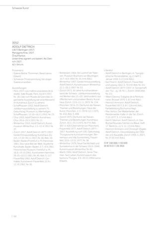 3052
ADOLF DIETRICH
(1877 Berlingen 1957)
Menagerie Knie. 1927.
Öl auf Karton.
Unten links signiert und datiert: Ad. Diet-
rich 1927.
42 × 64 cm.
Provenienz:
- Galerie Bettie Thommen, Basel (verso
Etikett).
- Schweizer Privatsammlung, bei obiger
Galerie erworben.
Ausstellungen:
- Paris 1937, Les maîtres populaires de la
réalité, Salle Royale, Paris, bis 8.9.1937,
Nr. 181 (die vom Musée de Grenoble or-
ganisierte Ausstellung war anschliessend
im Kunsthaus Zürich zu sehen).
- Schaffhausen 1952, Adolf Dietrich.
Jubiläumsausstellung zu seinem 75.
Geburtstag, Museum zu Allerheiligen
Schaffhausen, 12.10.–16.11.1952, Nr. 23.
- Chur 1953, Adolf Dietrich, Kunsthaus
Chur, 26.4.–25.5.1953, Nr. 11.
- Winterthur 1953, Adolf Dietrich, Kunst-
museum Winterthur, 1.3.–12.4.1953, Nr.
27.
- Zürich 1957, Adolf Dietrich 1877–1957.
Gedächtnisausstellung, Kunsthaus Zü-
rich, 17.10–30.11.1957, Nr. 56, Abb. 10.
- Baden-Baden/Frankfurt a. M./Hannover
1961, Das naive Bild der Welt, Staatliche
Kunsthalle, Baden-Baden, 2.7.–4.9.1961;
Historisches Museum, Frankfurt a. M.,
16.9.–19.10.1961; Kunstverein Hannover,
29.10.–10.12.1961, Nr. 49, Abb. S. 117.
- Frauenfeld 1962, Adolf Dietrich. Ge-
mälde, Kunstverein Frauenfeld, 22.9.–
12.10.1962, Nr. 36.
- Rotterdam 1964, De Lusthof der Naïe-
ven, Museum Boymans van Beuningen,
10.7.–6.9.1964, Nr. 55, (mit Abb.).
- Winterthur 1967, Gedächtnisausstellung
Adolf Dietrich, Kunstmuseum Winterthur,
22.1.–26.2.1967, Nr. 53.
- Zürich 1973, 50 Jahre Kunsthandelver-
band der Schweiz. Jubiläumsausstellung
mit Werken des 15.–20. Jahrhunderts aus
öffentlichem und privatem Besitz, Kunst-
haus Zürich, 15.9.–11.11.1973, Nr. 134.
- München 1974–75, Die Kunst der Naiven.
Themen und Beziehungen, Haus der
Kunst, München, 1.11.1974–12.1.1975,
Nr. 410, Abb. S. 498.
- Zürich 1975, Die Kunst der Naiven.
Themen und Beziehungen, Kunsthaus
Zürich, 30.1.–31.3.1975, Nr. P 9, Abb.
307, S. 426 (Übernahme von München).
- Frauenfeld 1977, Adolf Dietrich 1877–
1957. Ausstellung zum 100. Geburtstag,
Thurgauische Kunstsammlungen, Ber-
nerhaus und Villa Sonnenberg, Frauen-
feld, 10.9.–13.11.1977, Nr. 38.
- Winterthur 1979, Neue Sachlichkeit und
Surrealismus in der Schweiz 1915–1940,
Kunstmuseum Winterthur, Nr. 82.
- Warth 1994, Adolf Dietrich. Seine The-
men. Sein Leben, Kunstmuseum des
Kantons Thurgau, 4.9.–20.11.1994 (verso
Etikett).
Literatur:
- Adolf Dietrich in Berlingen, in: Typogra-
phische Monatsblätter, Jg. 2, Heft 1,
Januar 1934, S. 21 (mit Abb.).
- Karl Hoenn: Adolf Dietrich, Frauenfeld
und Leipzig 1942, S. 79 (mit Abb. Nr. 41).
- Adolf Dietrich 1877–1957, in: Sonderheft
des Du, Jg. 18, Nr. 1, Zürich 1958 (Abb.
Nr. 21).
- Albert Dasnoy: Exégèse de la Peinture
naïve, Brüssel 1970, S. 87 (mit Abb.).
- Heinrich Ammann: Adolf Dietrich,
Frauenfeld 1977, S. 87, 126 (mit Abb.,
Farbabbildung Buchumschlag).
- Max Vertos: Der Waldarbeiter, der
Meisterwerke malte, in: die Tat, Zürich,
7.10.1977, S. 17 (mit Abb.).
- Karl H. Silomon: Adolf Dietrich, in: Des
Bücherfreundes Fahrten ins Blaue, Heft
17, Berlin [o. J.], S. 12, 13 (mit Abb.).
- Heinrich Ammann und Christoph Vögele:
Adolf Dietrich. Oeuvrekatalog der Ölbil-
der und Aquarelle, Zürich 1994, S. 202 f.,
Nr. 27.05 (mit Abb.).
CHF 100 000 / 150 000
(€ 90 910 / 136 360)
Schweizer Kunst
| 64
 