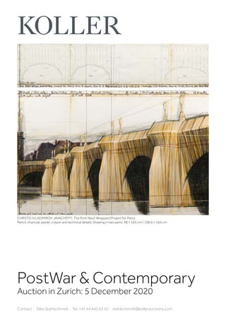 PostWar  Contemporary
Auction in Zurich: 5 December 2020
Contact · Silke Stahlschmidt · Tel. +41 44 445 63 42 · stahlschmidt@kollerauctions.com
CHRISTO (VLADIMIROV JAVACHEFF). The Pont Neuf, Wrapped (Project for Paris).
Pencil, charcoal, pastel, crayon and technical details. Drawing in two parts: 38 × 165 cm / 106.6 × 165 cm.
 