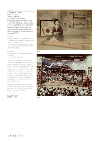 | 9
1617
KUSAKABE KIMBEI
(1841-1934) u. a.
Japan, ca. 1880-90.
84 Original-Photographien.
Zumeist kol. Albumin-Abzüge. Vintages.
1 Abzug auf Trägerkarton montiert. Diver-
se Formate ca. 11,5 x 16 cm bis 21 x 28 cm
(Hoch- und Querformate). Grösstenteils
mit einbelichteter Legende und/ oder
Inventarnummer, vereinzelt verso mit
japanischer Bezeichnung. 1 Abzug verso
gestempelt KK.
Literatur:
- Margarita Winkel. Souvenirs from Japan.
Japanese photography at the turn of the
century. London, 1991.
- Philipp March und Claudia Delank. Aben-
teuer japanische Fotografie 1860-1890.
Heidelberg, 2002.
Provenienz:
- Über mehrere Jahrzehnte zusammen-
getragen.
- Schweizer Privatbesitz.
Stadt- und Landschaftsaufnahmen von
Tokyo, Nikko, Kiga, Kyoto, Osaka, Nanendo,
Onomichi, Hikone, Miyajima, Yokohama,
Nagoya, Hakone, Kobe, Kinkakuji, Hokone,
Enoshima mit Sehenswürdigkeiten wie
Tempel, Schreine, Schlösser, Hotels, Was-
serfälle, Brücken, Teehäuser, Seen, Flüsse,
Früchte-, Schuh-, Accessoires-, Kuriosi-
täten- und Porzellanläden sowie Portraits
von Berufen wie Stoff-, Möbelhändler,
Geishas, Sumoringer, Samurai, Besenver-
käufer, Wasserträger.
Die Abzüge stammen nebst Kusakabe
Kimbei, von Baron Raimund von Stillfried-
Rathenitz (1839-1911), Okinawa Soba
(Rob), T. Enami, Felice Beato,
A. Marsari, u. a.
CHF 800 / 1 200
(€ 730 / 1 090)
1617
1617
 